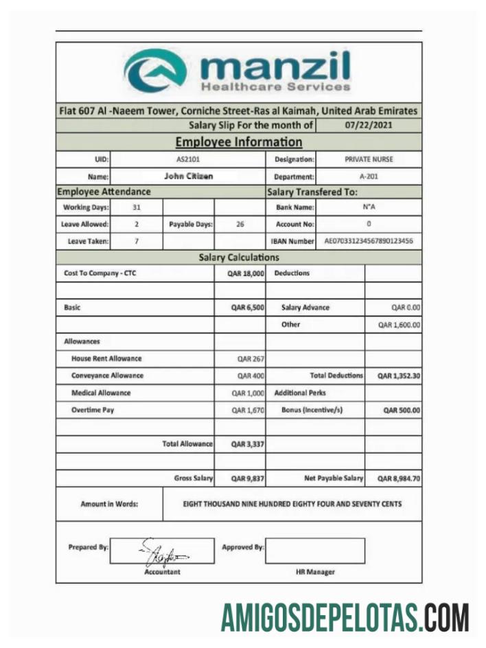 Comprovante de salário dos serviços de saúde MANZIL dos Emirados Árabes Unidos em formatos Word e PDF exemplo real